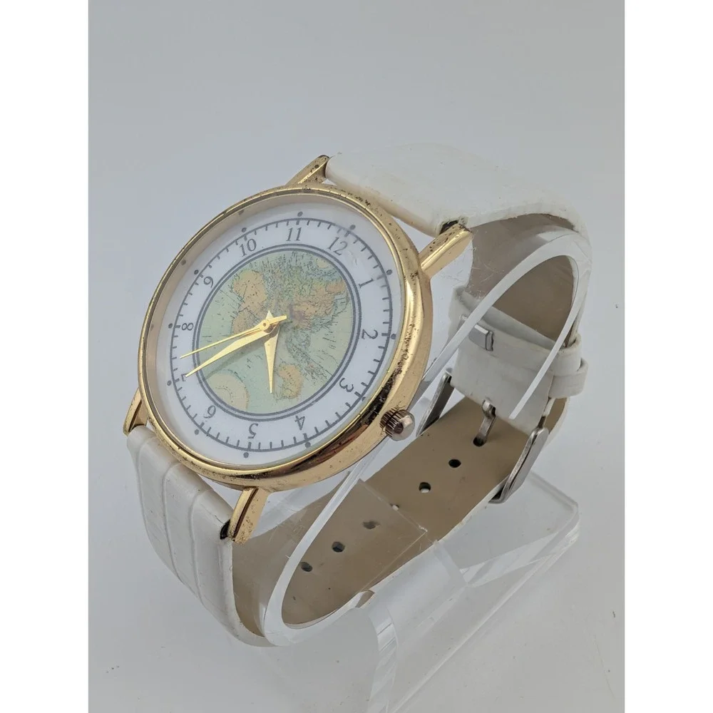 World Map Women's Quartz Watch 38mm Gold Case White Band- New Battery